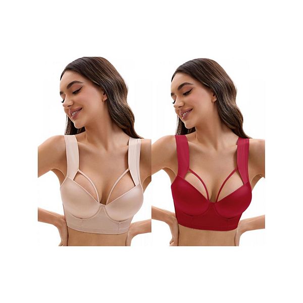 

2 упаковки женских бюстгальтеров push up с регулируемыми широкими бретелями, косточками и полным покрытием Inspire Chic, Wine Red Beige