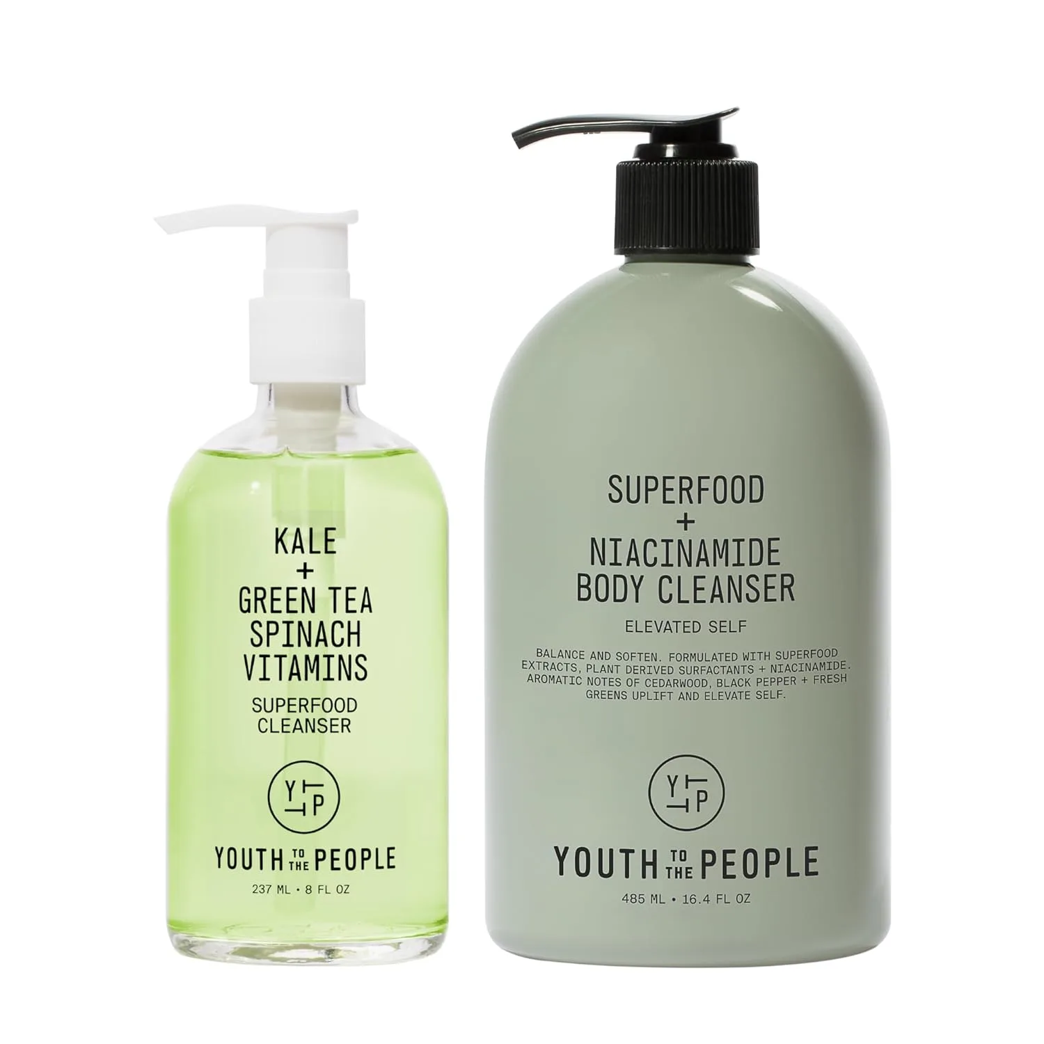Набор для ухода за кожей Youth To The People Superfood Cleanser Duo, веганский, для лица и тела: очищающее средство для лица с капустой кале и зеленым чаем (237 мл) + гель для душа (597 мл)., green