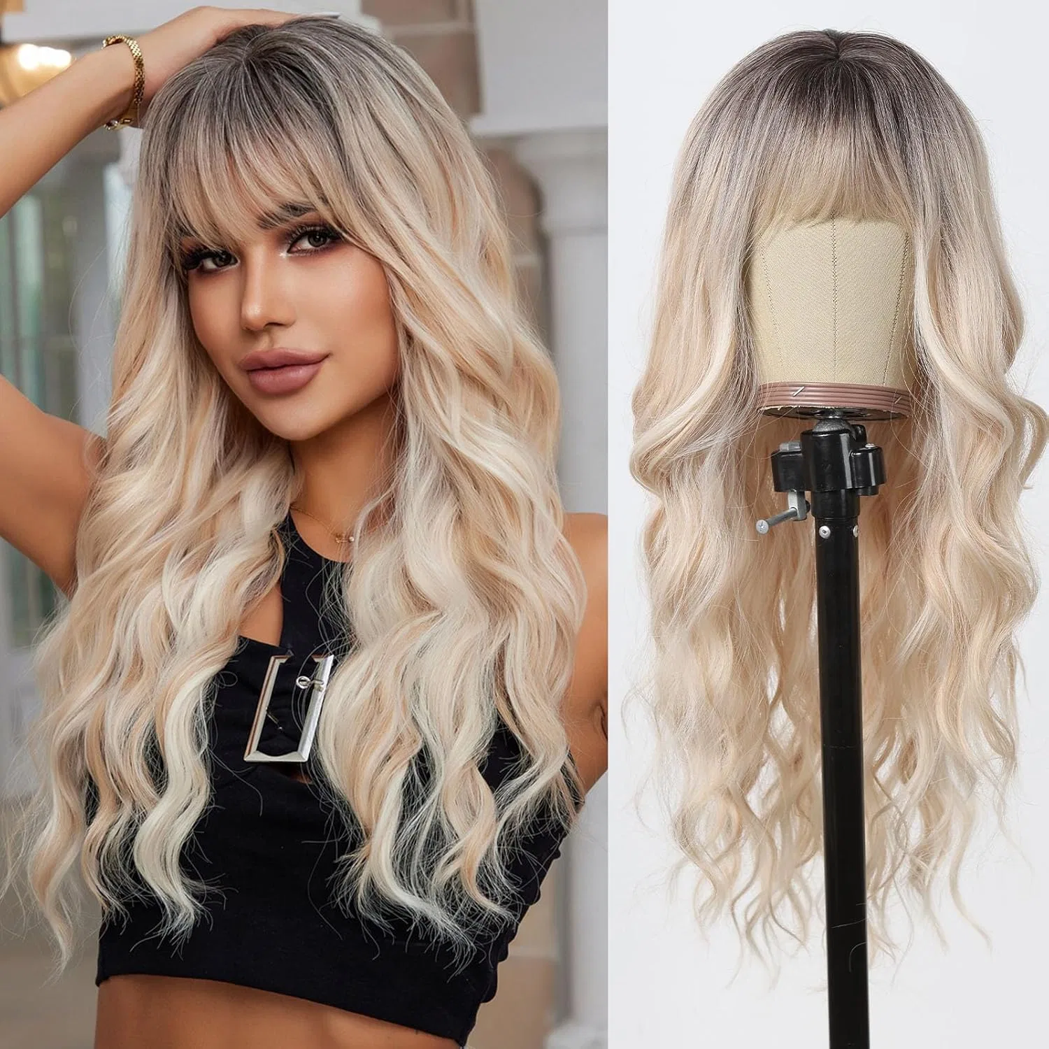 Женский длинный волнистый синтетический парик Allbell с челкой, блонд Allbell, Ombre Blonde 8155-3