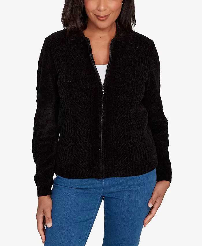 

Женский классический кардиган-свитер из шенилла с застежкой-молнией спереди и воротником Alfred Dunner, черный