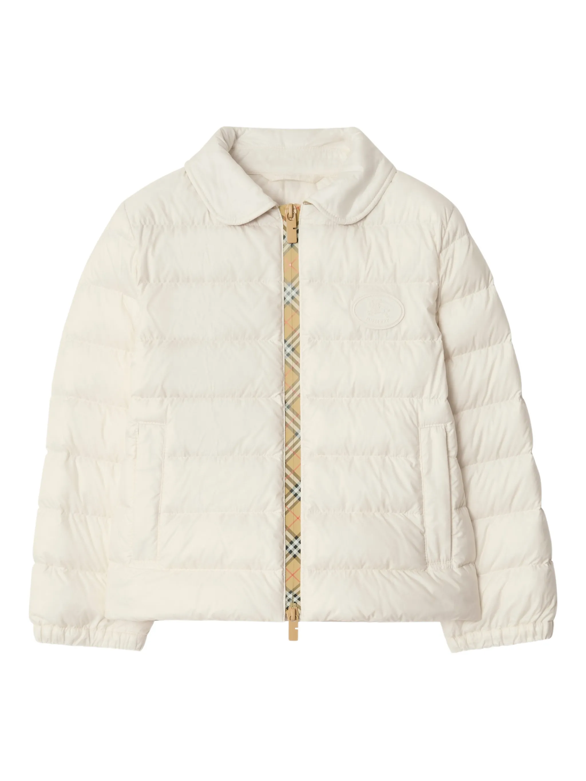 

Пуховик с аппликацией в виде шашечной ленты Burberry Kids, нейтральный