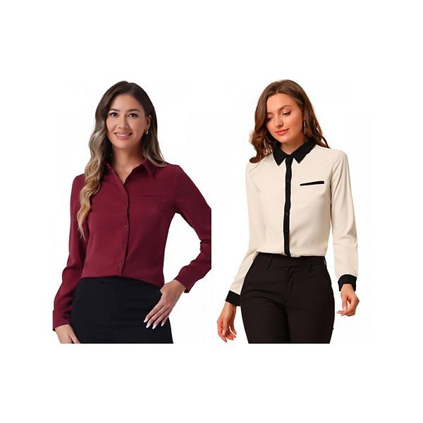 

2 упаковки женской рубашки с длинным рукавом и цветными блоками Inspire Chic, Beige Solid Wine Red