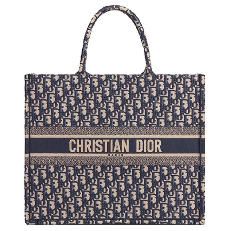 

DIOR Большая сумка тоут бежевая с синей косой вышивкой
