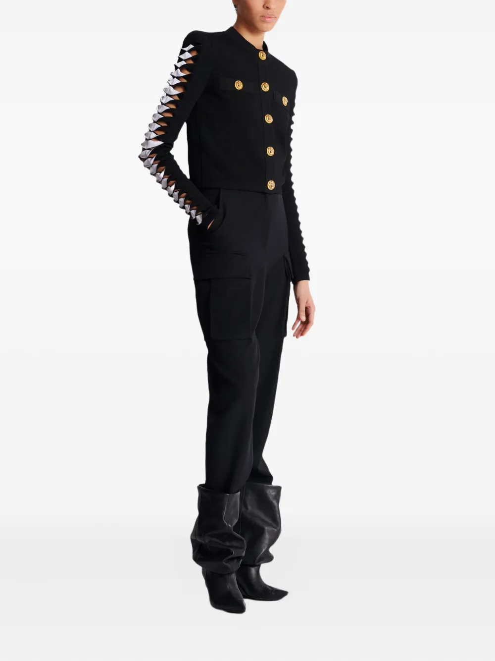 Кардиган с вырезами на рукавах BALMAIN, черный — фото 3