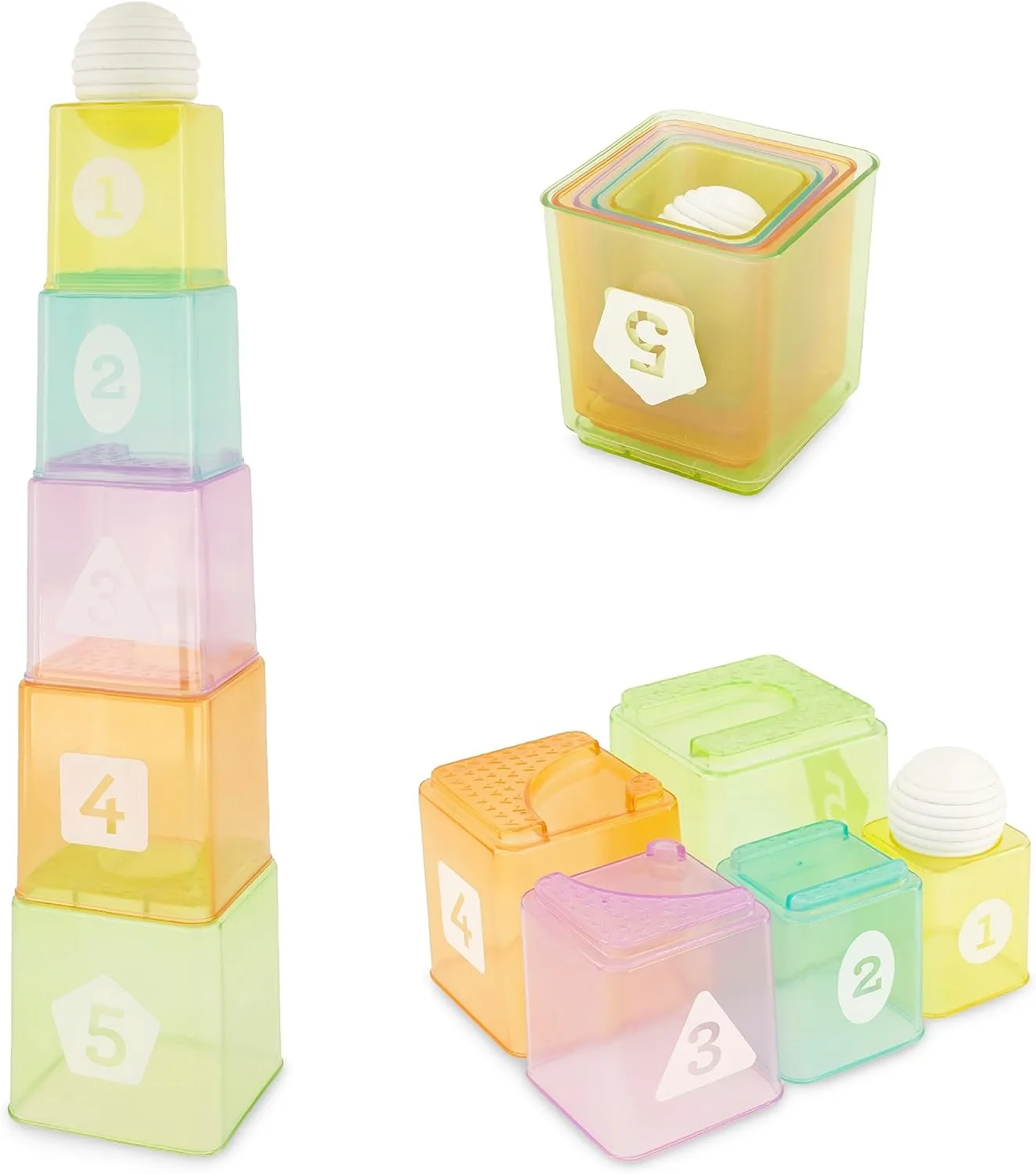 Набор Infantino Learning Set Cups and Balls, разноцветный, 6 предметов, включает 1 мяч, 5 стаканчиков для строительства
