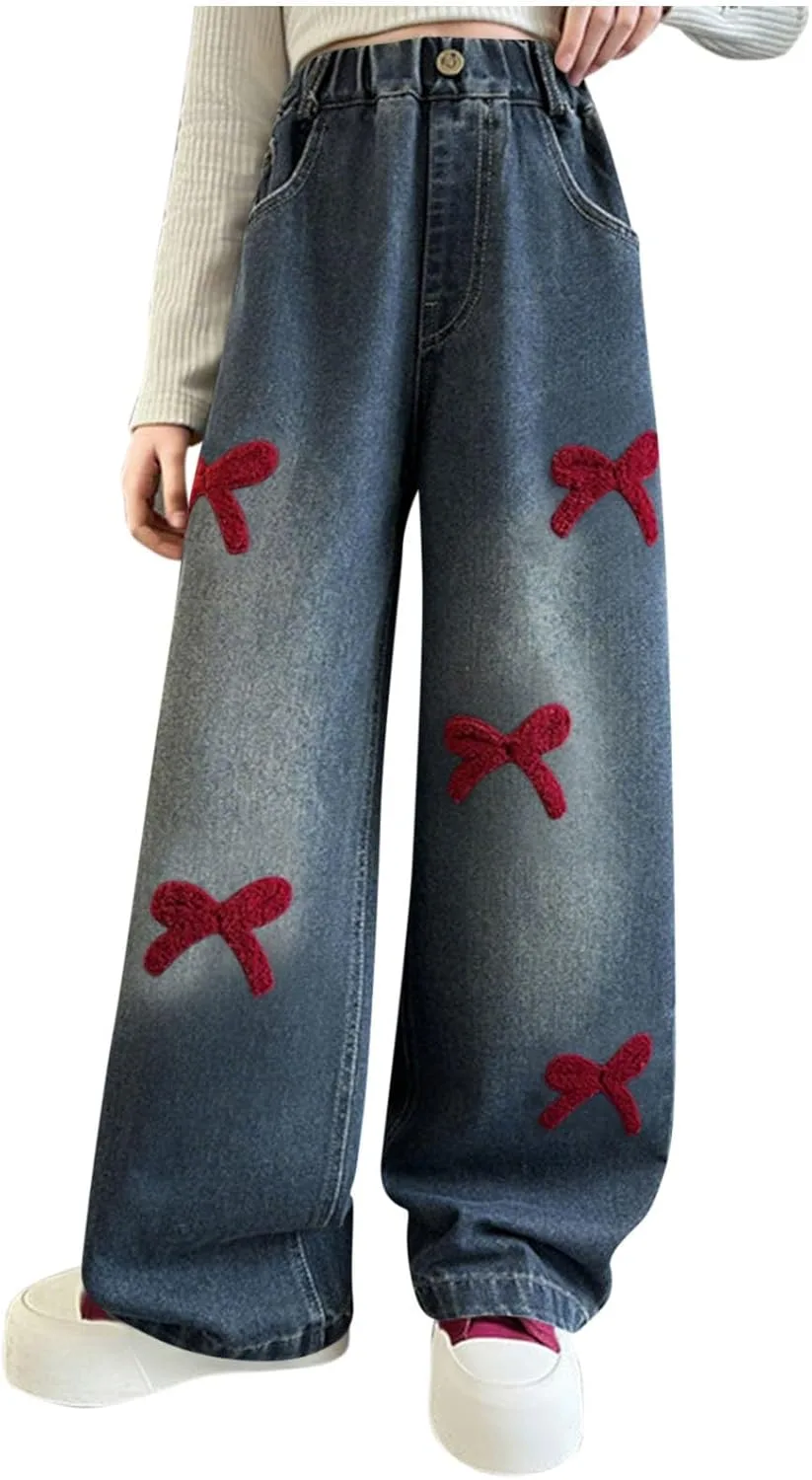 

Джинсы для девочек с бантом и широкими штанинами