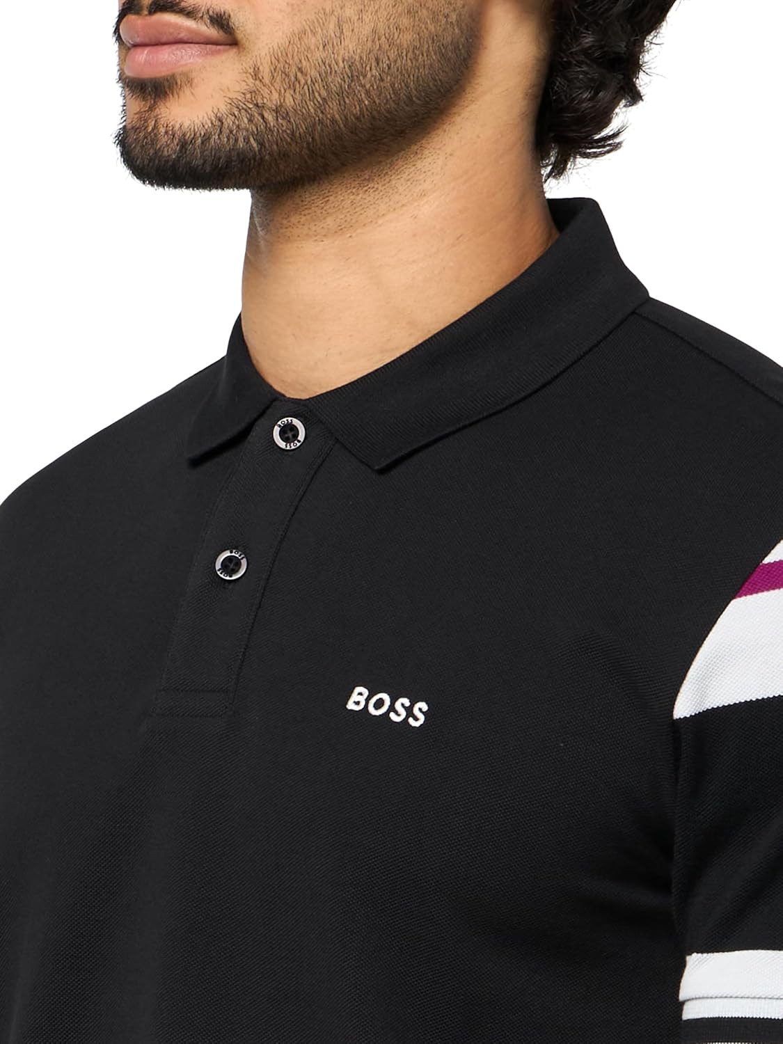 BOSS Мужская поло с полосатыми рукавами из интерлок-хлопка, Black Gloss — фото 3