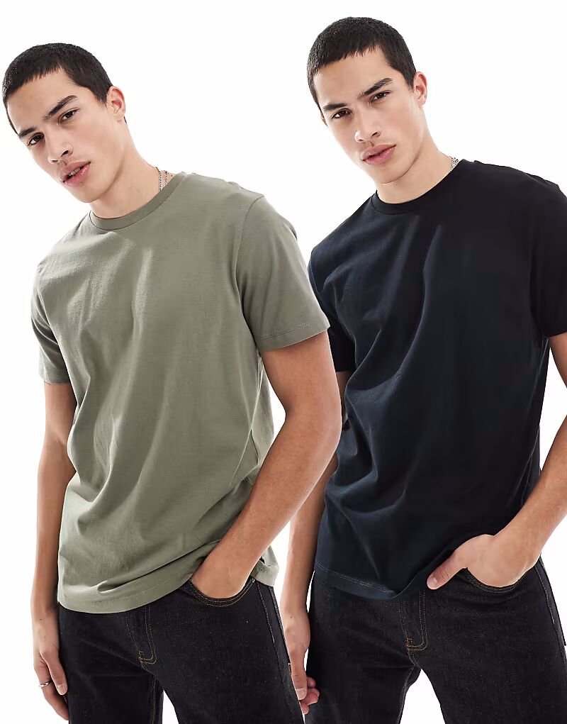 

Комплект из 2 футболок с круглым вырезом ASOS DESIGN Essential цвета хаки и черного цвета