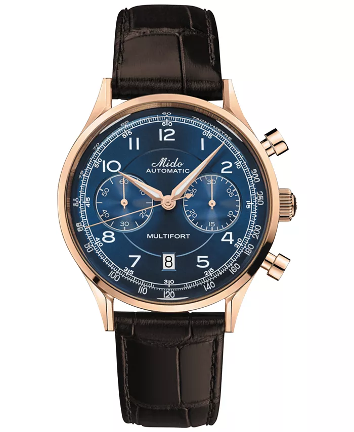

Мужские швейцарские автоматические часы-хронограф Multifort с коричневым кожаным ремешком 42 мм Mido