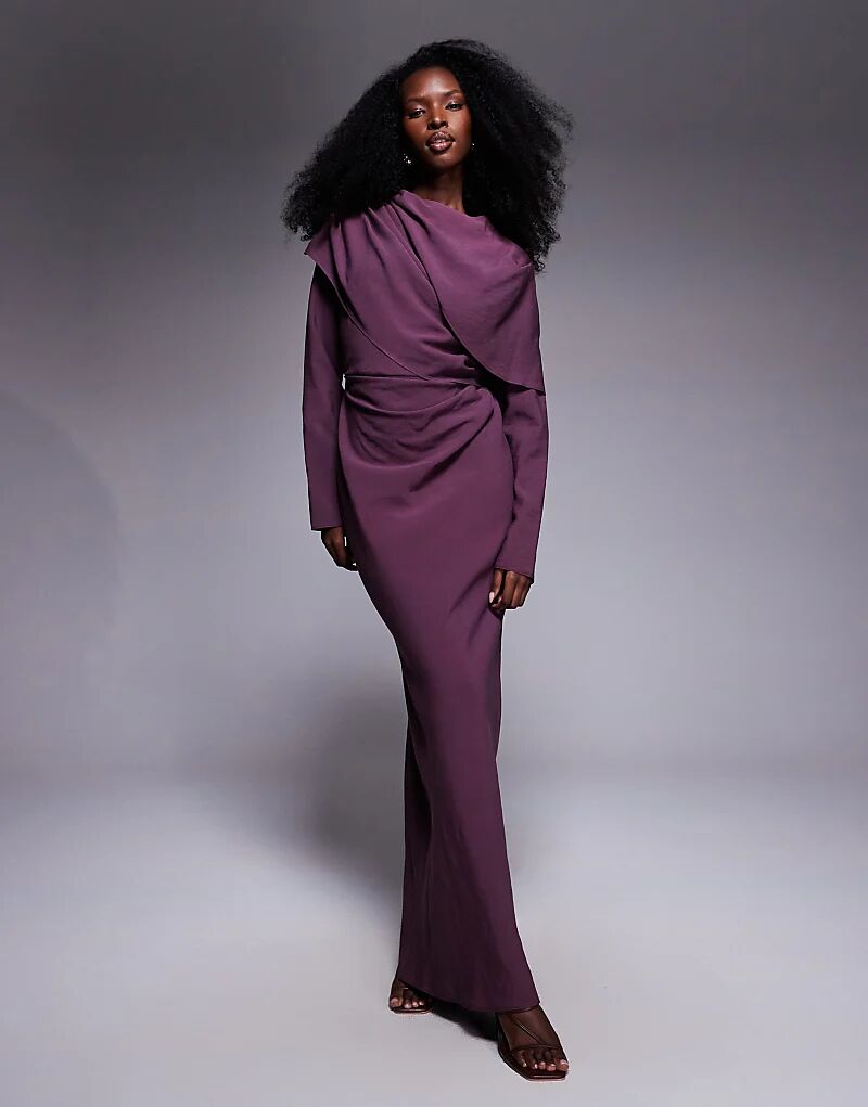 

Платье макси ASOS DESIGN с высоким воротом и драпированным лифом цвета шелковицы