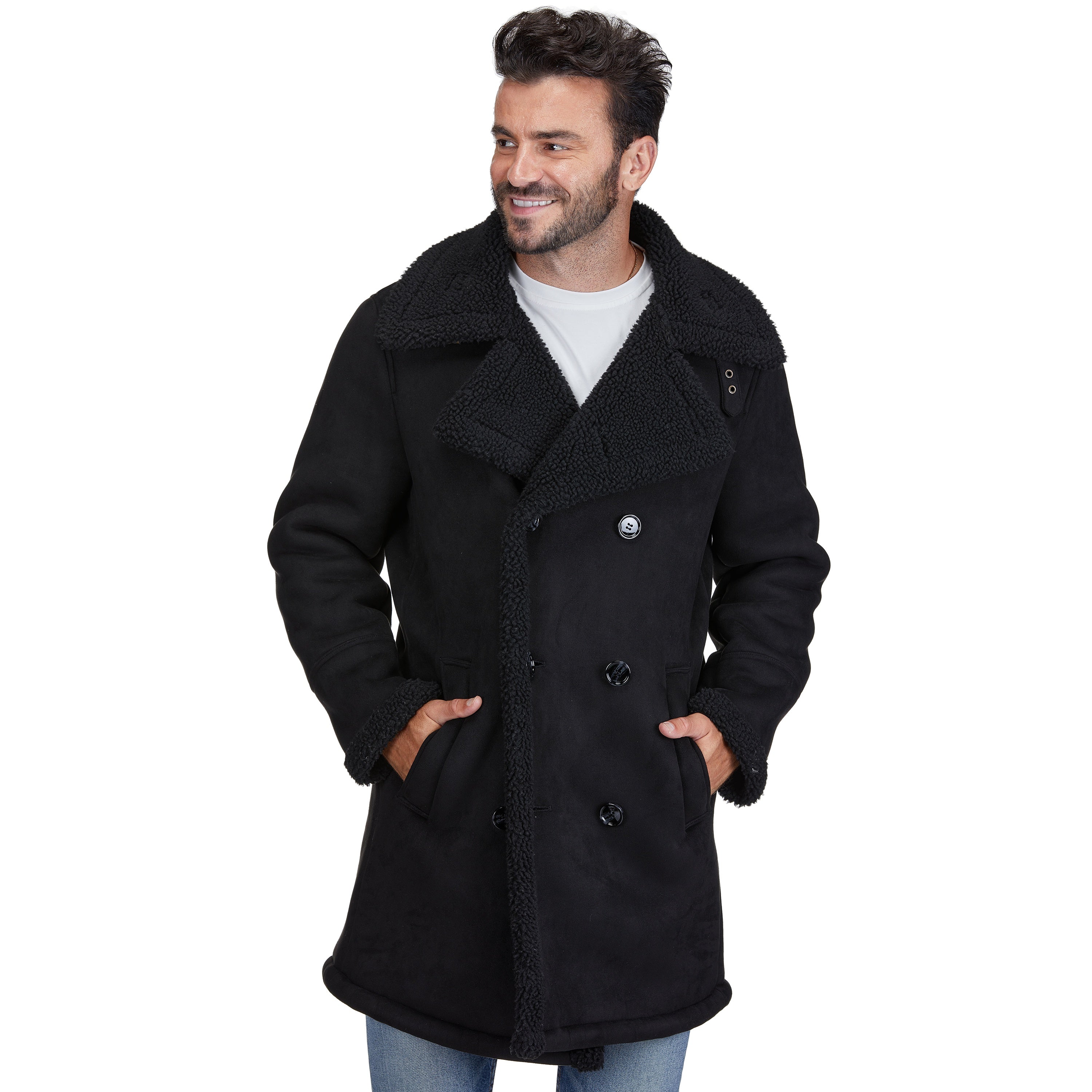 

Двубортное пальто Braveman из искусственной овчины, черный