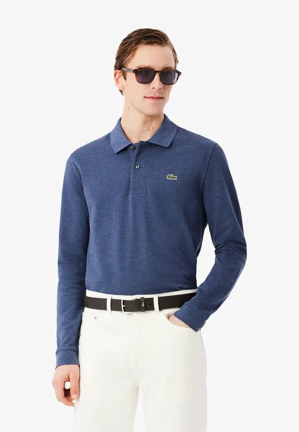 Рубашка поло Lacoste L1313, мужская, длинный рукав, однотонная, Bleu Chine