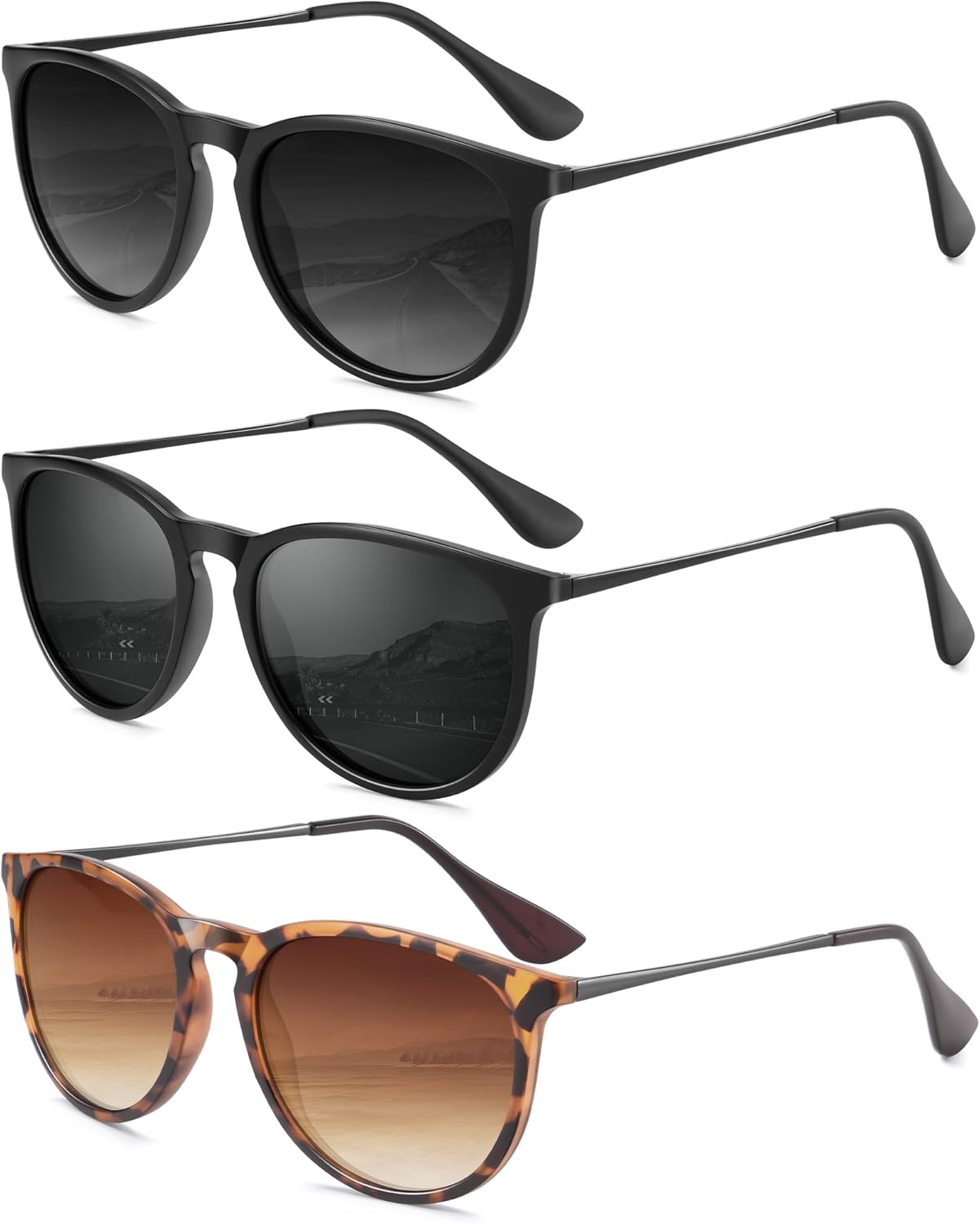 

Женские поляризованные солнцезащитные очки: ретро круглые солнцезащитные очки с защитой UV400, модный набор из 3 штук QALLY, Black/Gradient Grey + Black/Grey + Matt Leopard/Gradient Brown