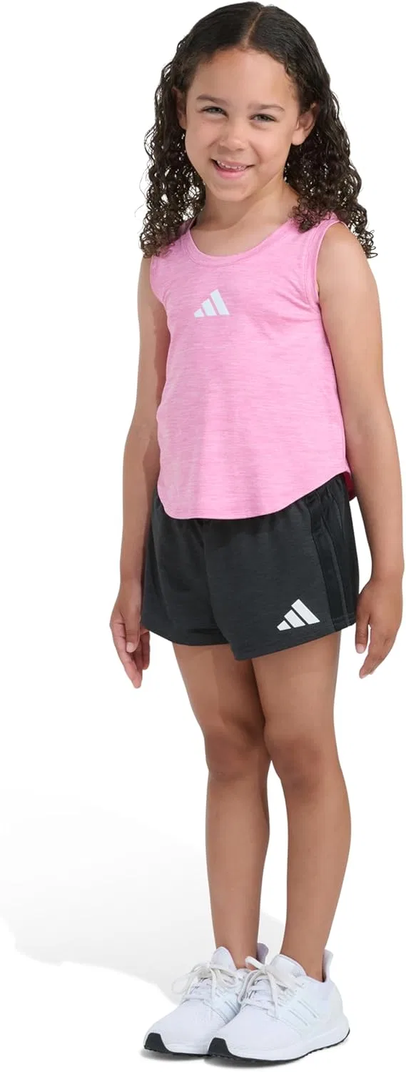 Комплект из двух частей для девочек от Adidas: майка без рукавов меланжевого цвета с оборками и шорты — фото 4