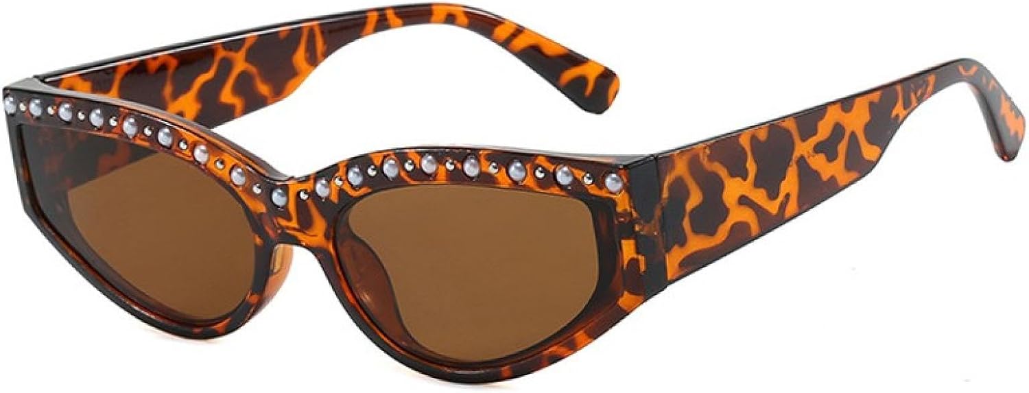 

Модные солнцезащитные очки «кошачий глаз» с бриллиантами для женщин, ретро-стиль, прозрачные линзы цвета океана, защита от УФ-излучения UV400, мужские очки с заклепками TVTBBVV, Leopard Tea