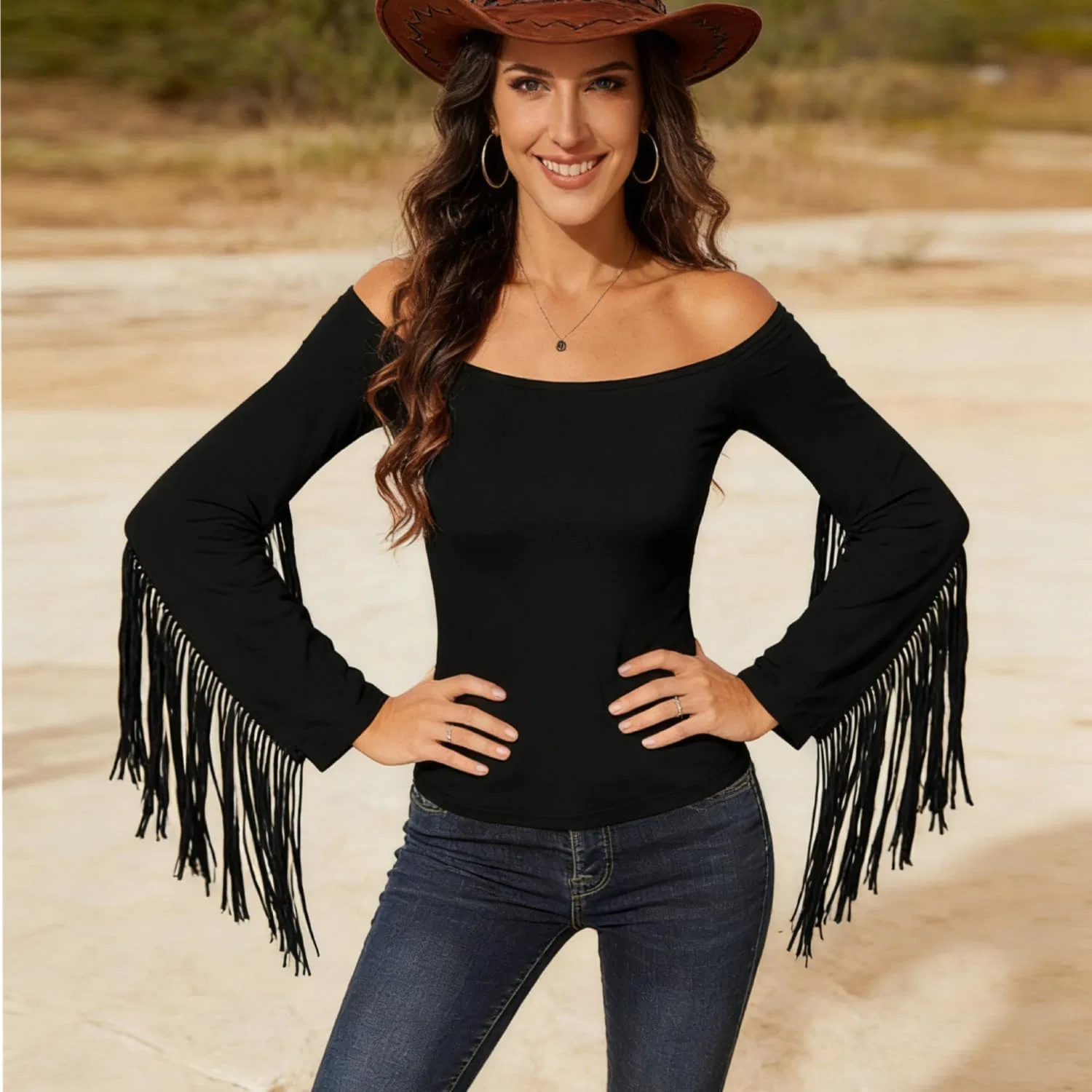 Блуза с бахромой офф-шольдер Western Cowgirl, черный