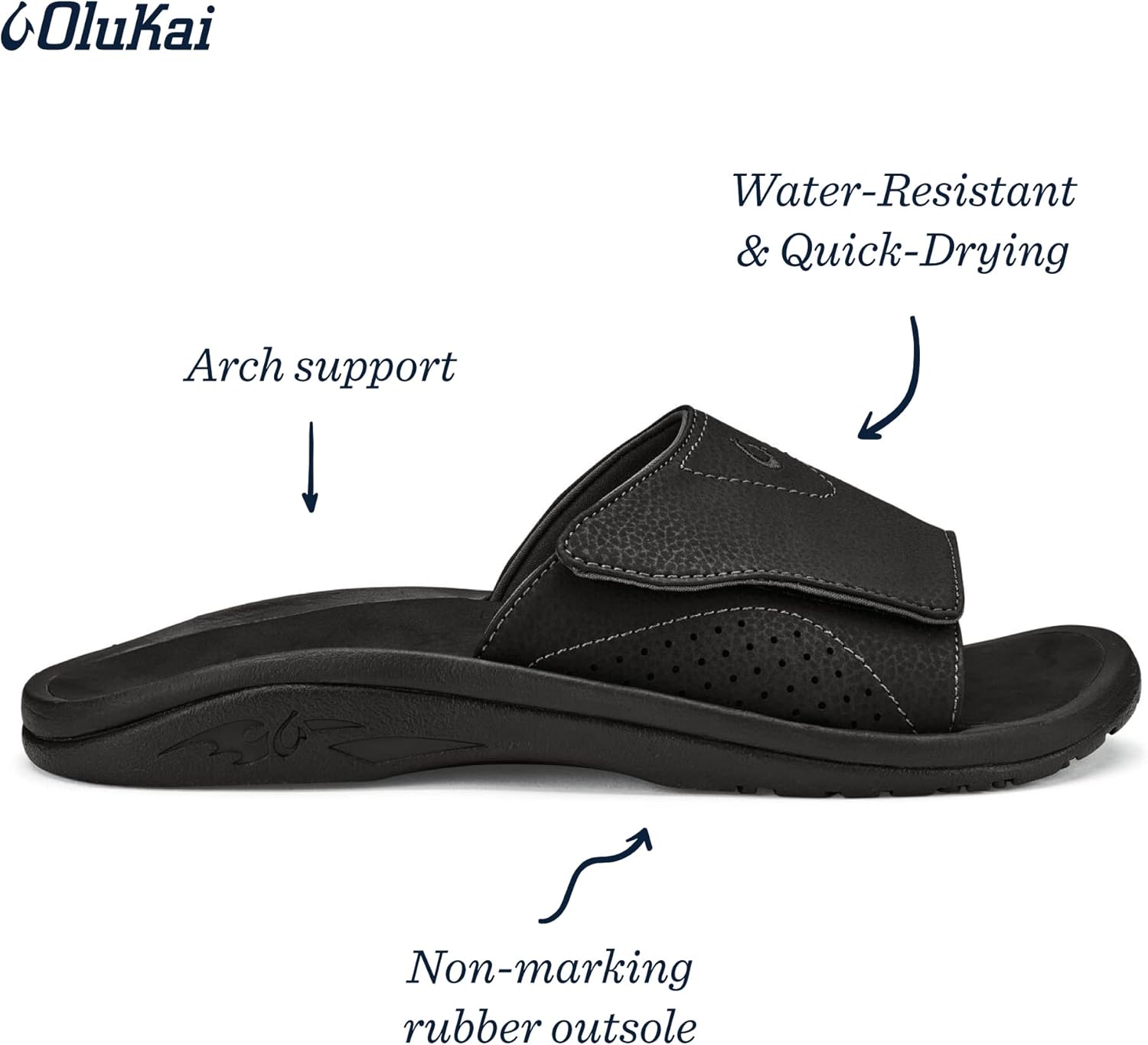 Мужские сандалии слайд OLUKAI Nalu Slide, водостойкие, с регулируемыми ремешками, легкие и прочные, комфорт и поддержка на весь день, черный — фото 2