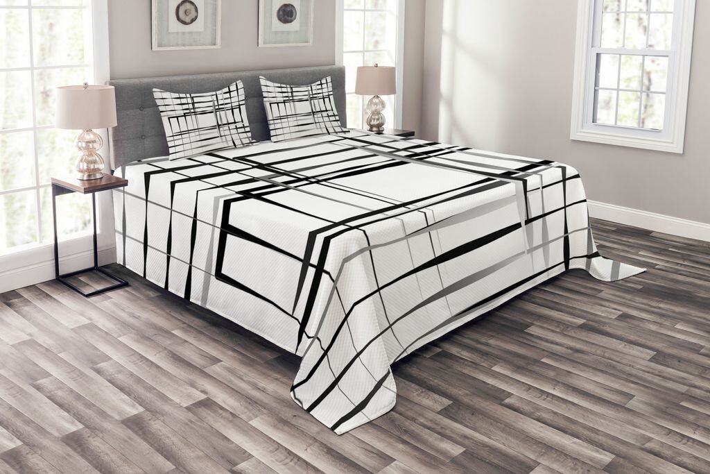 

ABAKUHAUS Комплект покрывала Modern Art, Abstract Art Geometric, комплект с моющимися наволочками, для односпальных кроватей 220 x 220 см, белый черный