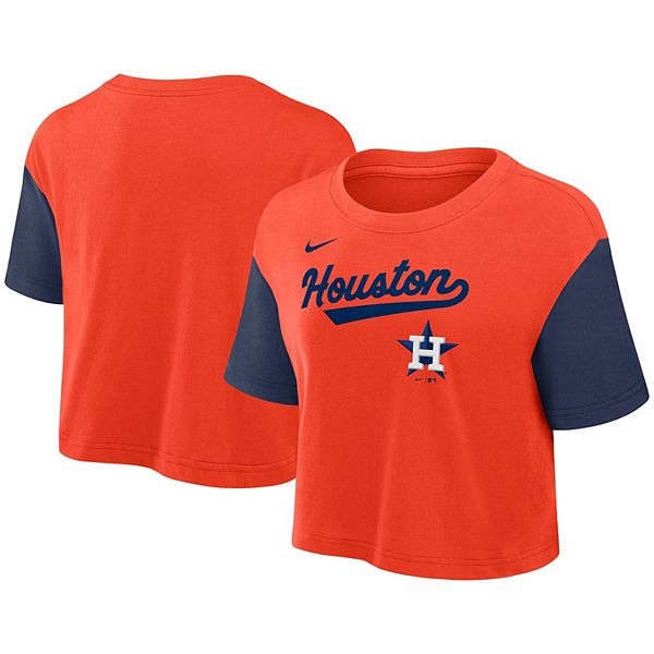 Женская оранжевая/темно-синяя укороченная футболка performance houston astros script Nike — фото 2
