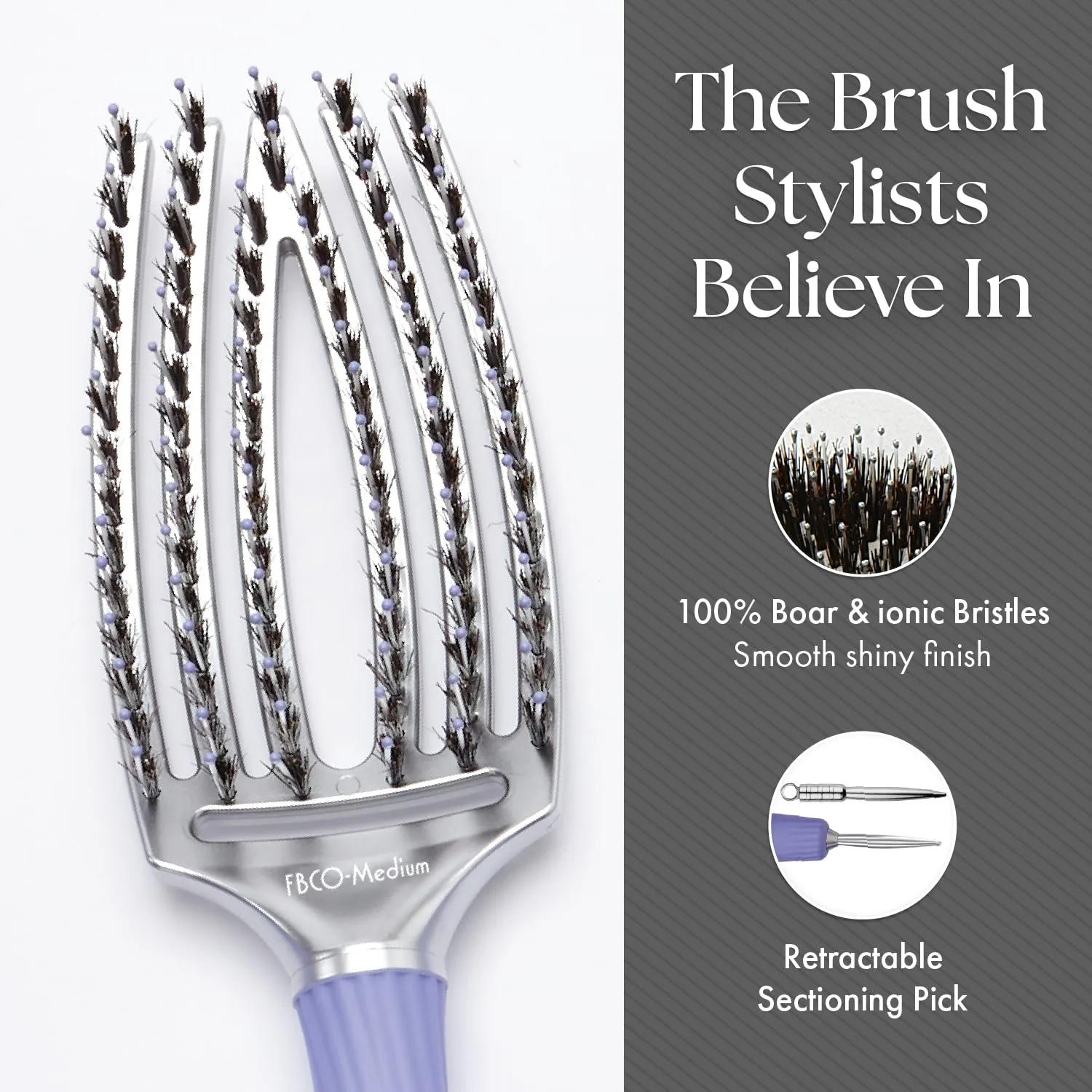 Насадка-щетка Olivia Garden Fingerbrush Combo с изогнутой и вентилируемой поверхностью для сушки феном - ионная, со 100% щетиной из кабана - подходит для всех типов волос. Средний, Black, Grey, Purple — фото 4