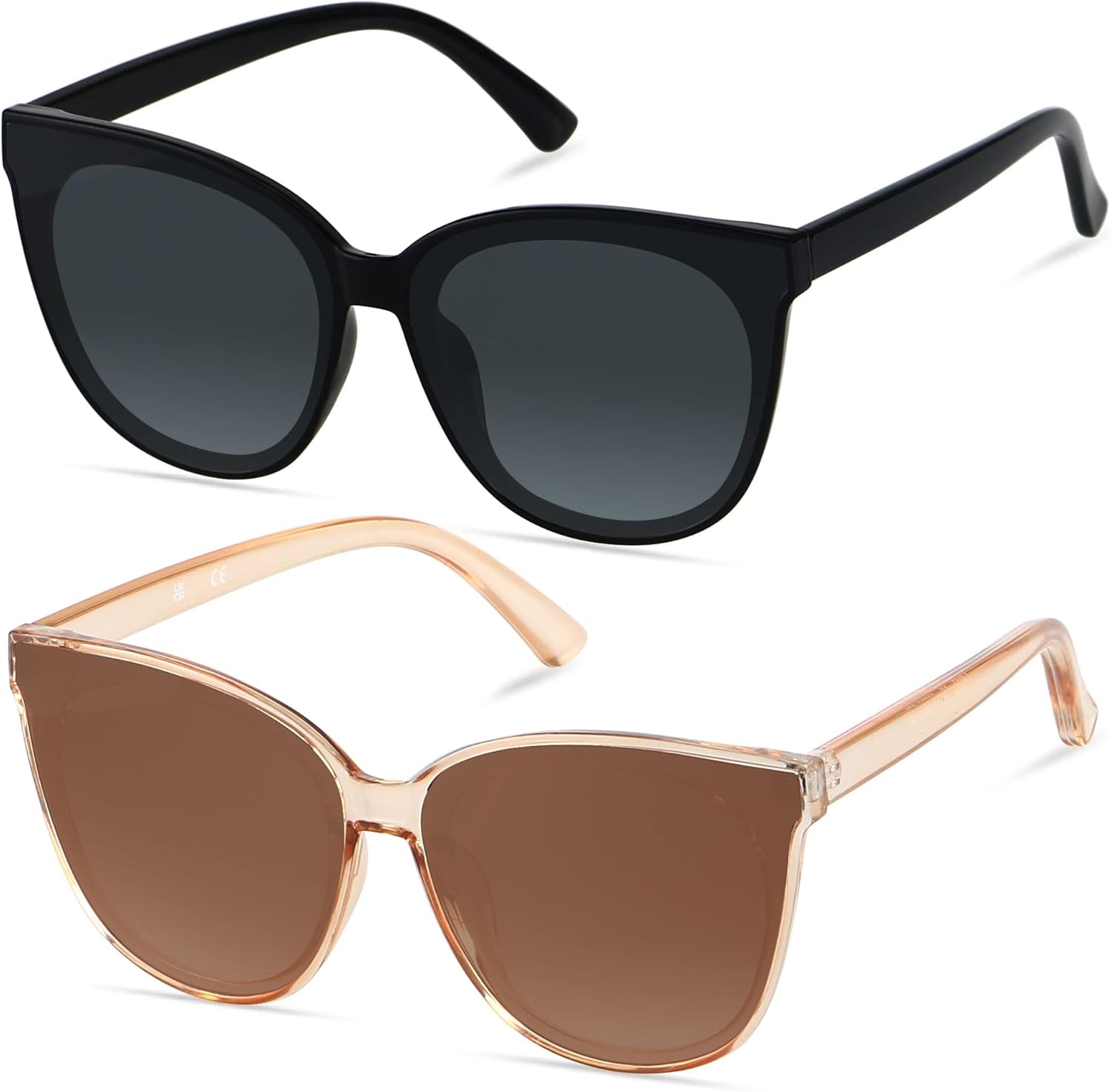 

Солнцезащитные очки LYZOIT Oversized Cat Eye для женщин, большие очки в оправе "кошачий глаз", комплект из 2 штук, модные винтажные солнцезащитные очки, (2pack) Black + Champagne | Polarized Lens