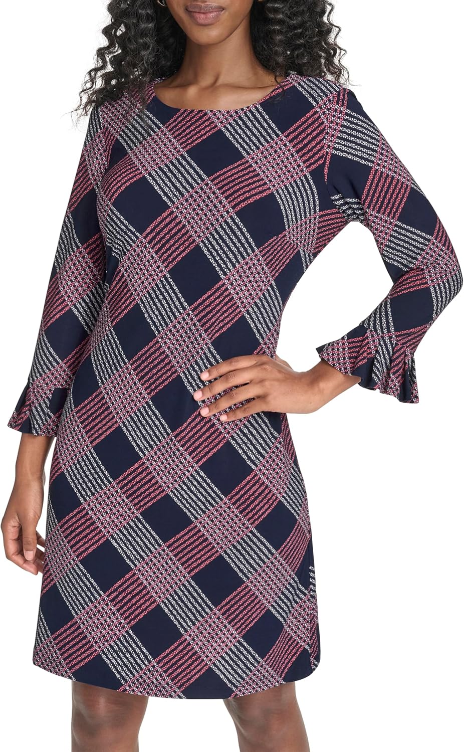 

Женское трикотажное платье-трапеция Tommy Hilfiger с рукавами 3/4 и оборками, Sky Captain/Sherbet