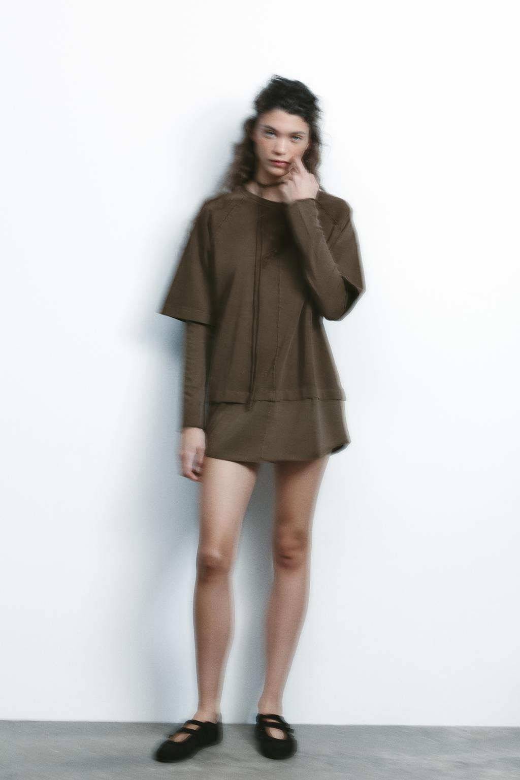 

Двойная футболка большого размера с эффектом стирки ZARA, коричневый