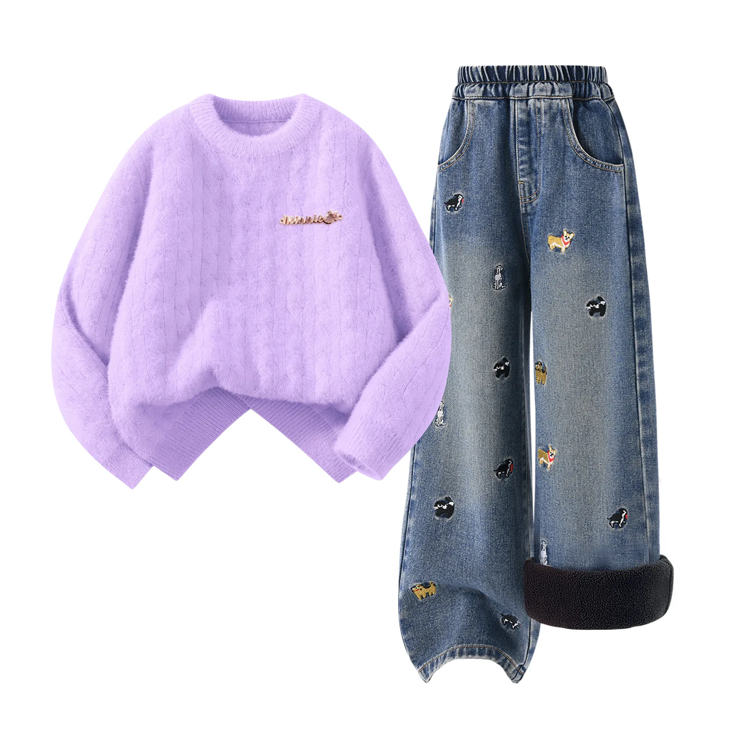 Детская повседневная спортивная футболка с круглым вырезом Disney, [Thickened and Fleece-Lined]Di-Chang Metal Label K Light Purple+Solid Color Denim Blue