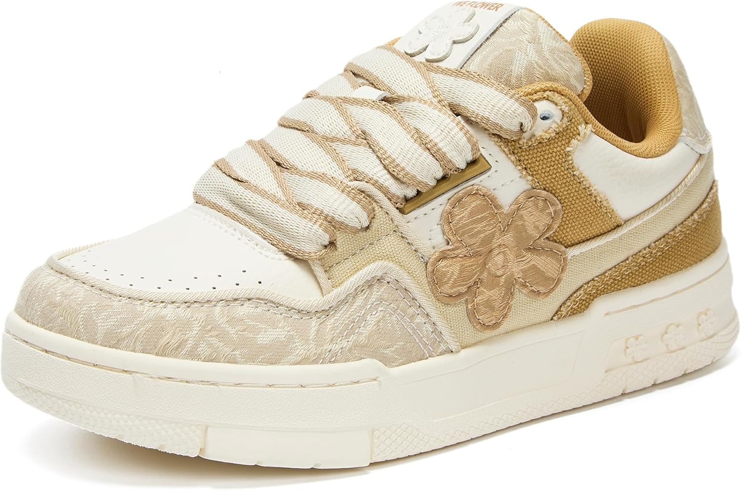 

Модные кроссовки для мужчин и женщин - роскошные дизайнерские туфли из премиальной коровьей кожи - дышащие и удобные теннисные ходовые кроссовки для повседневной носки We Flower, бежевый