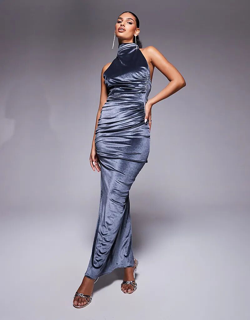 

Длинное платье ASOS DESIGN из бархата с завязками на спине, отделкой на груди и завязками на шее, антрацитового цвета