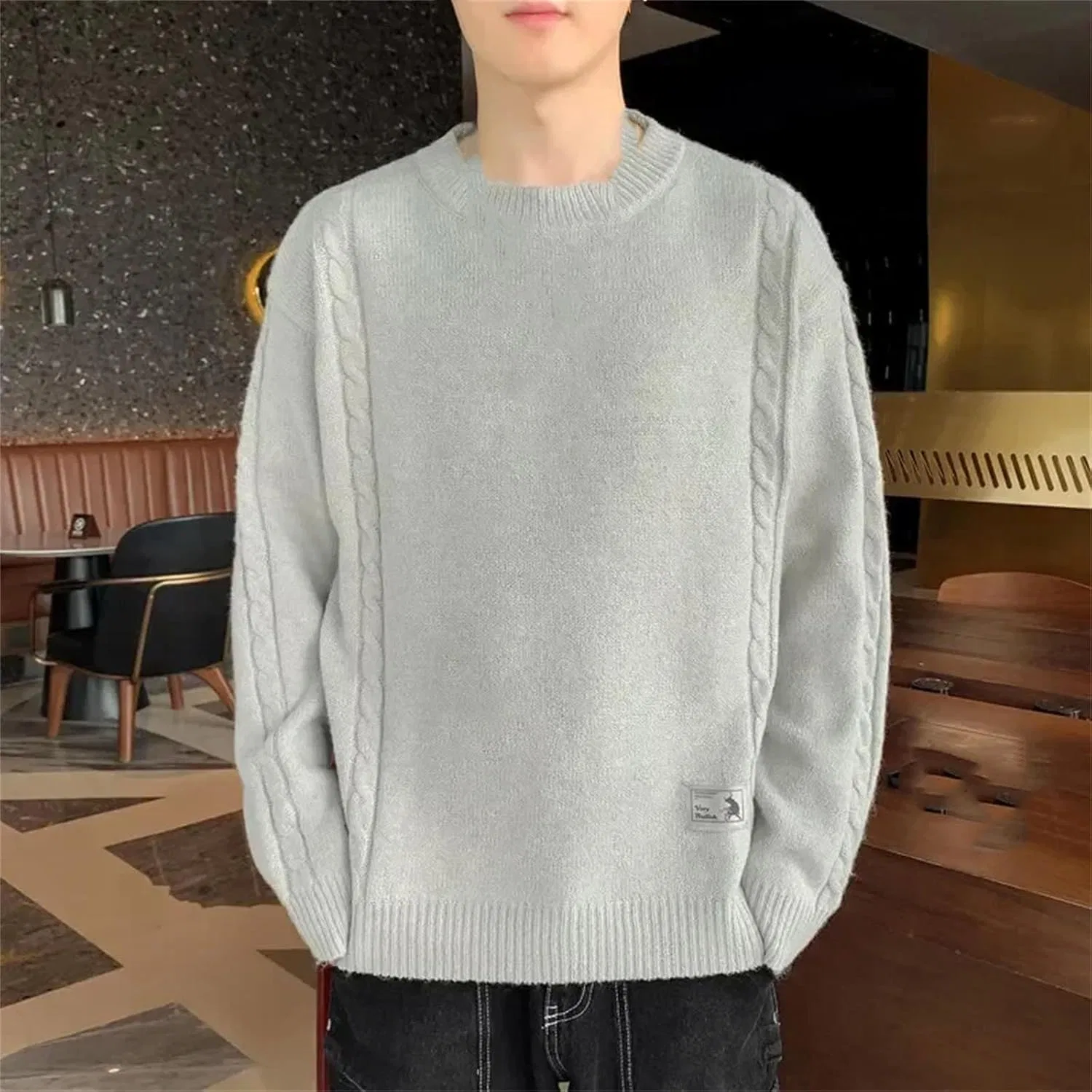 Generic Желтый свитер мужской зимний однотонный шерстяной свитер slim fit мужской стритвир O-образный воротник вязаный свитер ретро пуловер для мужчин — фото 3