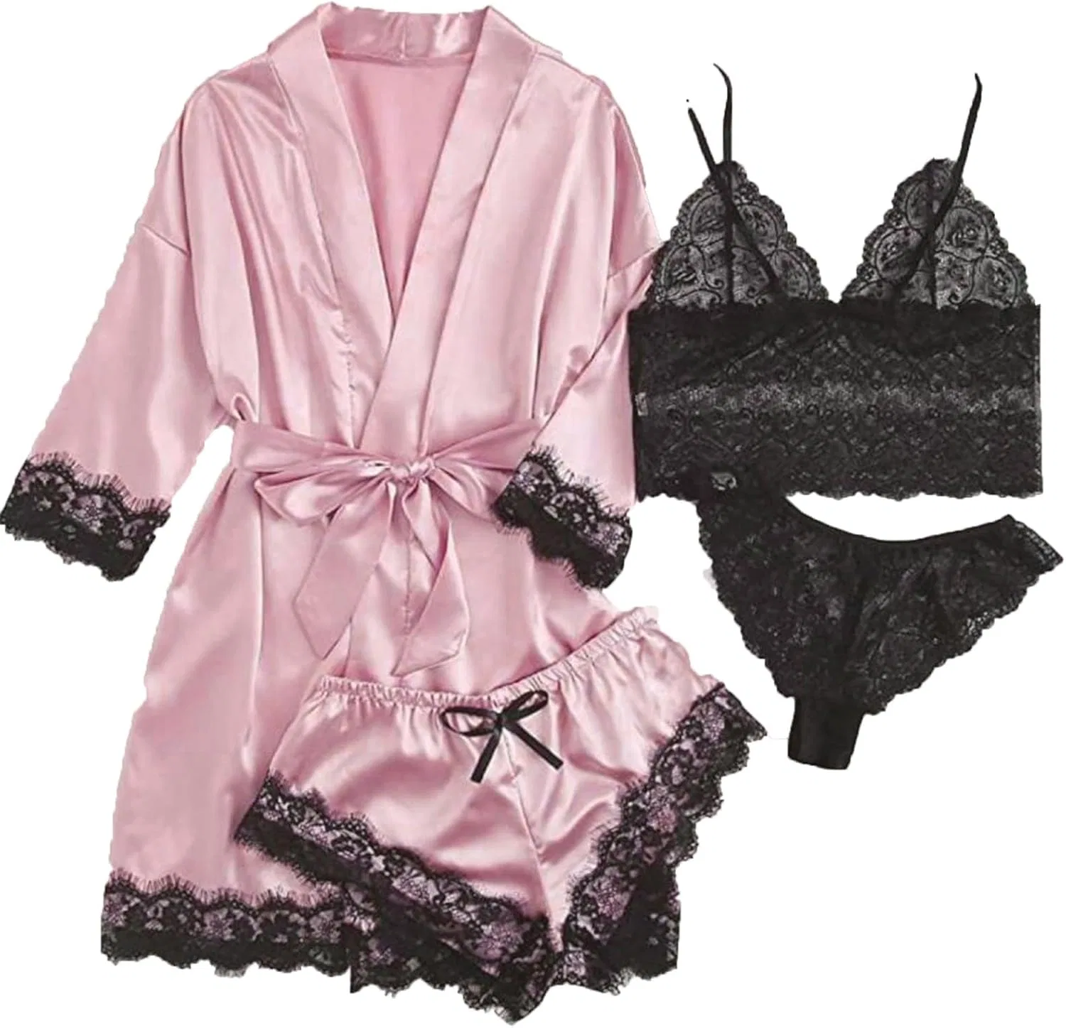 Комплект пижамы из сатина с кружевом, A01 Pink