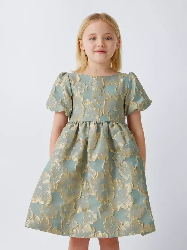 Детское расклешенное вечернее платье из жаккарда, синее John Lewis Heirloom Collection