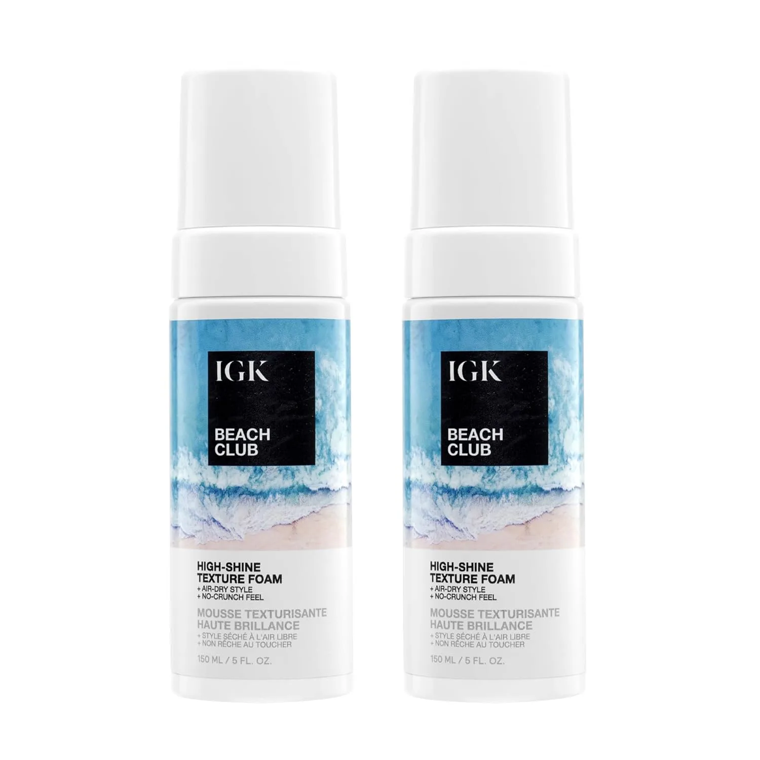 IGK Beach Club High-Shine Texture Foam 2 упаковки - солевая пена для сушки на воздухе, создающая пляжные волны, контролирующая пушистость и защищающая от ультрафиолета, Vegan & Cruelty-Free