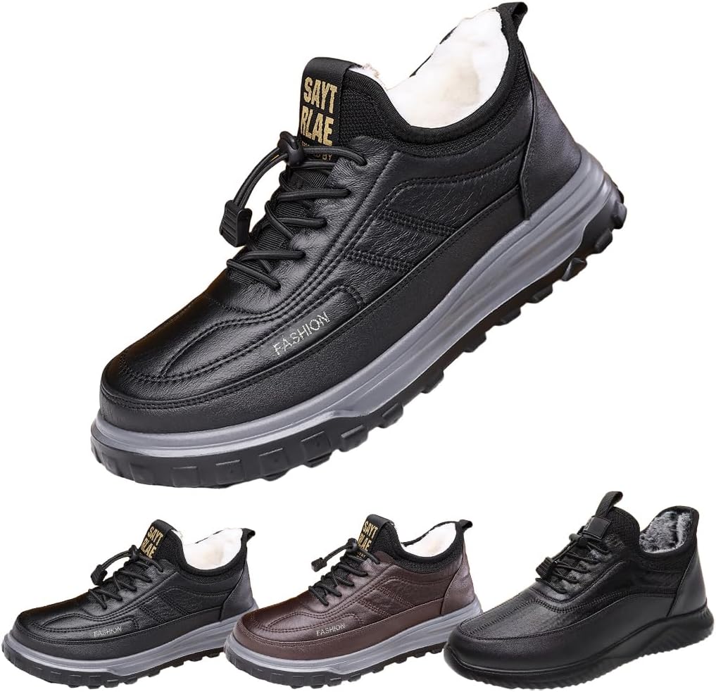 

Противоскользящие туфли для мужчин, зимние теплые кроссовки с флисовой подкладкой, водонепроницаемые, удобные ботильоны на меху для прогулок Generic, черный