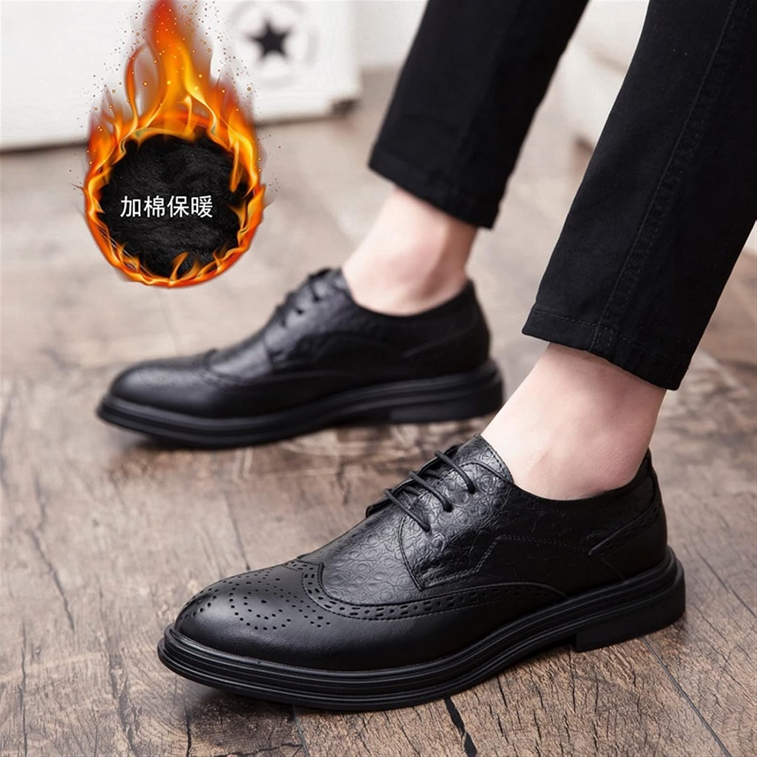 Мужские туфли Oxford с шнуровкой и перфорацией Wing Tip Brogue, дерби, искусственная кожа, низкий каблук, противоскользящая резиновая подошва, для вечеринок (цвет: черный, размер: 6) Dodani — фото 2