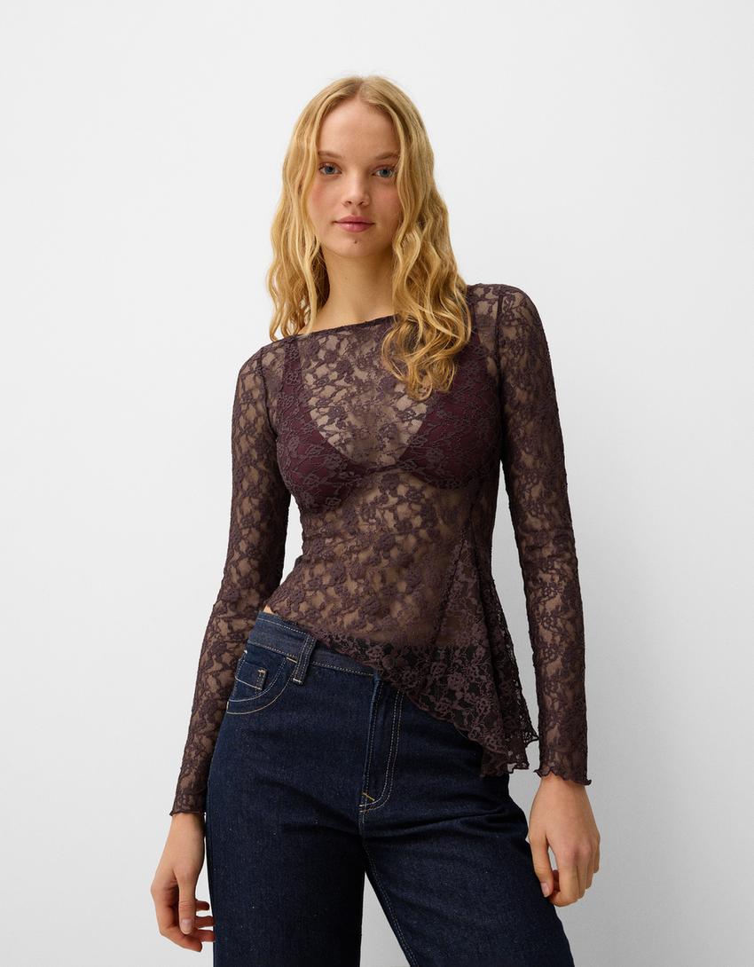 

Длинный рукав светло-бежевого кружевного топа Bershka, фиолетовый