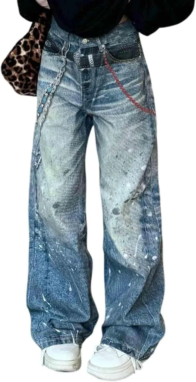 

Винтажные джинсы Unisex с цепным принтом, прямые и свободные BXCNCKD