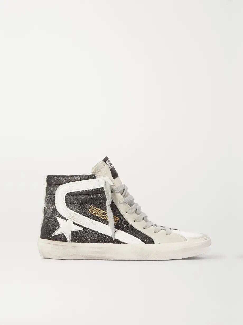 Высокие кеды Slide из потертой замши с блестками Golden Goose, черный