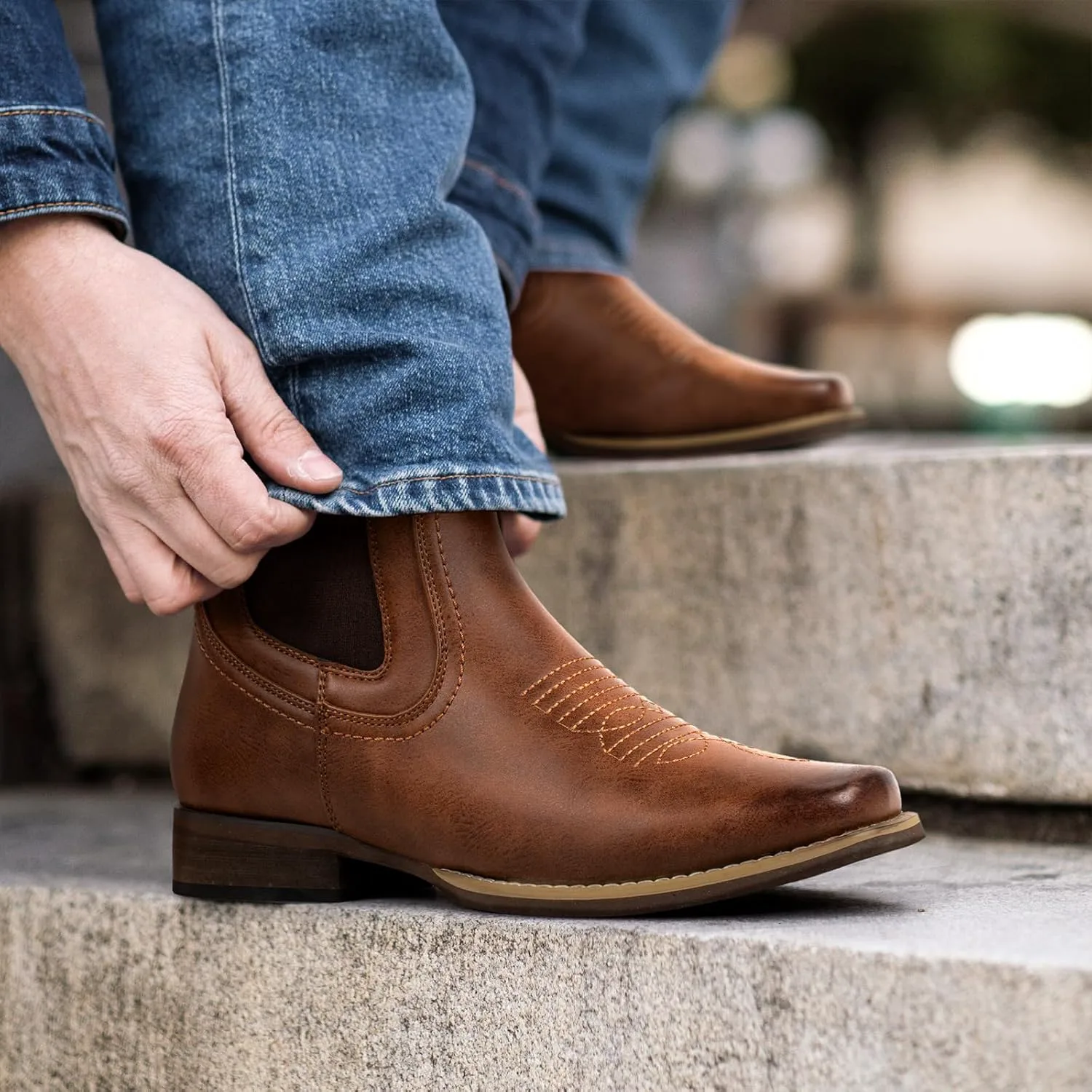 

Мужские ковбойские ботинки J's.o.l.e на щиколотку с квадратным носком, челси, повседневные ретро стильные ботинки, коричневый