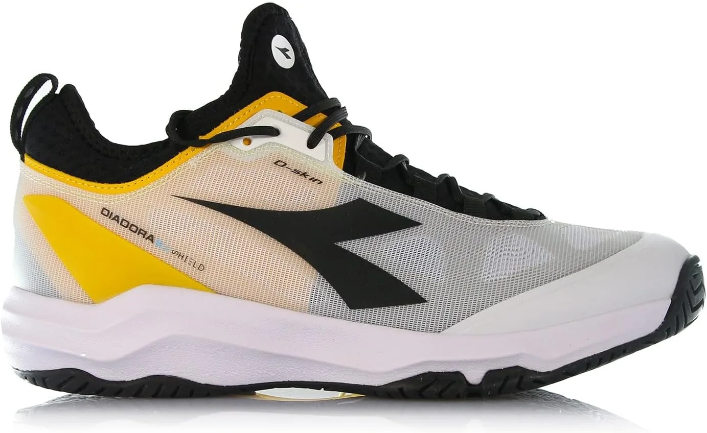 Мужские теннисные кроссовки Diadora Speed Blueshield Fly 3+Ag для игры в любых шортах, белые с оранжевым принтом — фото 3
