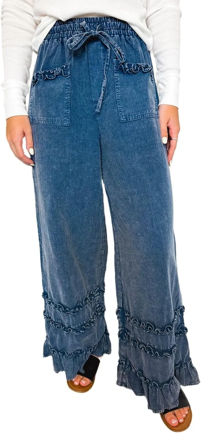 

Женские джинсы с рюшами и эластичным поясом на шнурке Apvirdy