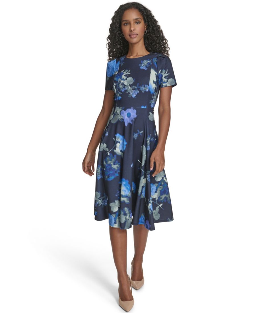 

Женское платье с короткими рукавами и круглым вырезом Calvin Klein, Indigo Multi