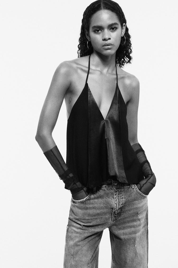 

Топ с атласными лацканами Pull And Bear, черный