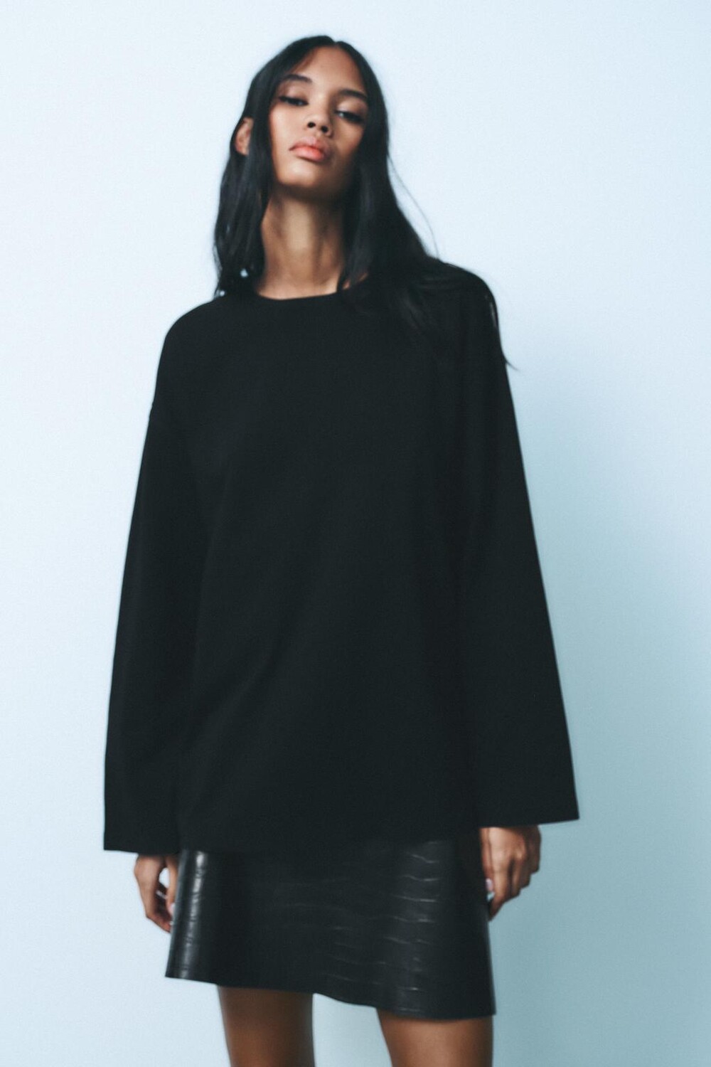 

Футболка из хлопка с длинным рукавом ZARA, черный