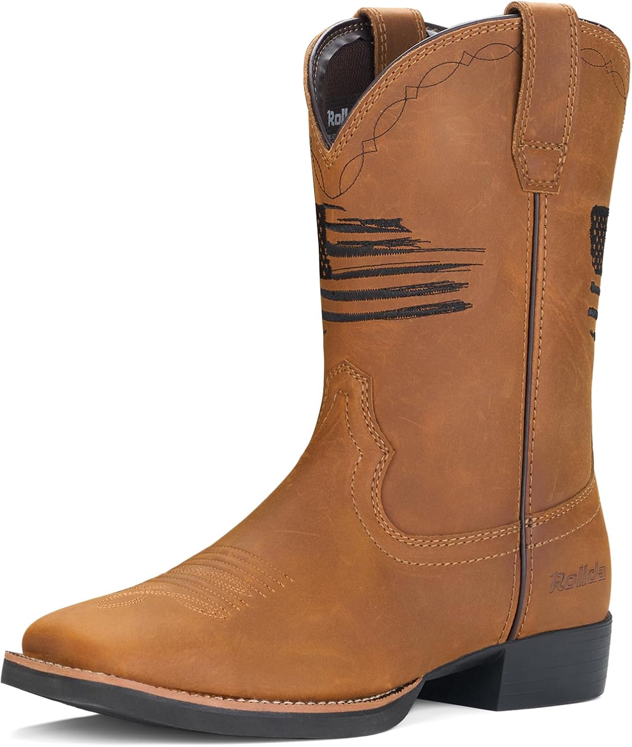 

Кожаные ковбойские сапоги Rollda для мужчин, западные сапоги с квадратным носком, массивным каблуком, средней голени, классические с вышивкой и петельками для надевания, коричневый