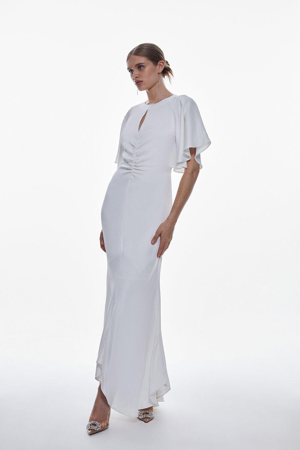 

Платье макси из атласного крепа с рукавами ангела Karen Millen, белый