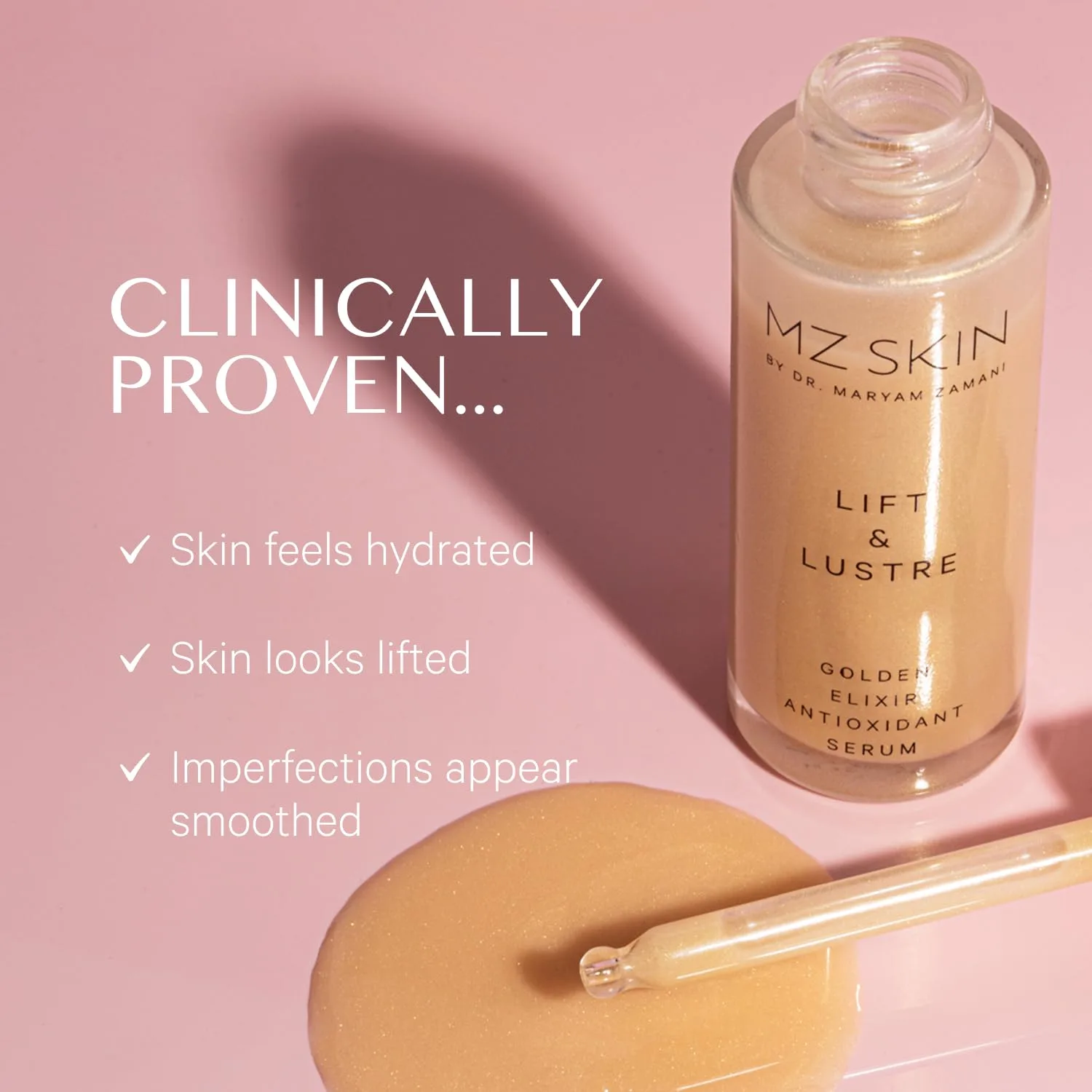MZ SKIN Lift & Lustre Golden Elixir сыворотка 1.01 fl oz - клинически доказанное антиоксидантное средство с гиалуроновой кислотой двойного веса для глубокого увлажнения и сияния кожи, все типы кожи Mz Skin By Maryam Zamani Md, gold — фото 2