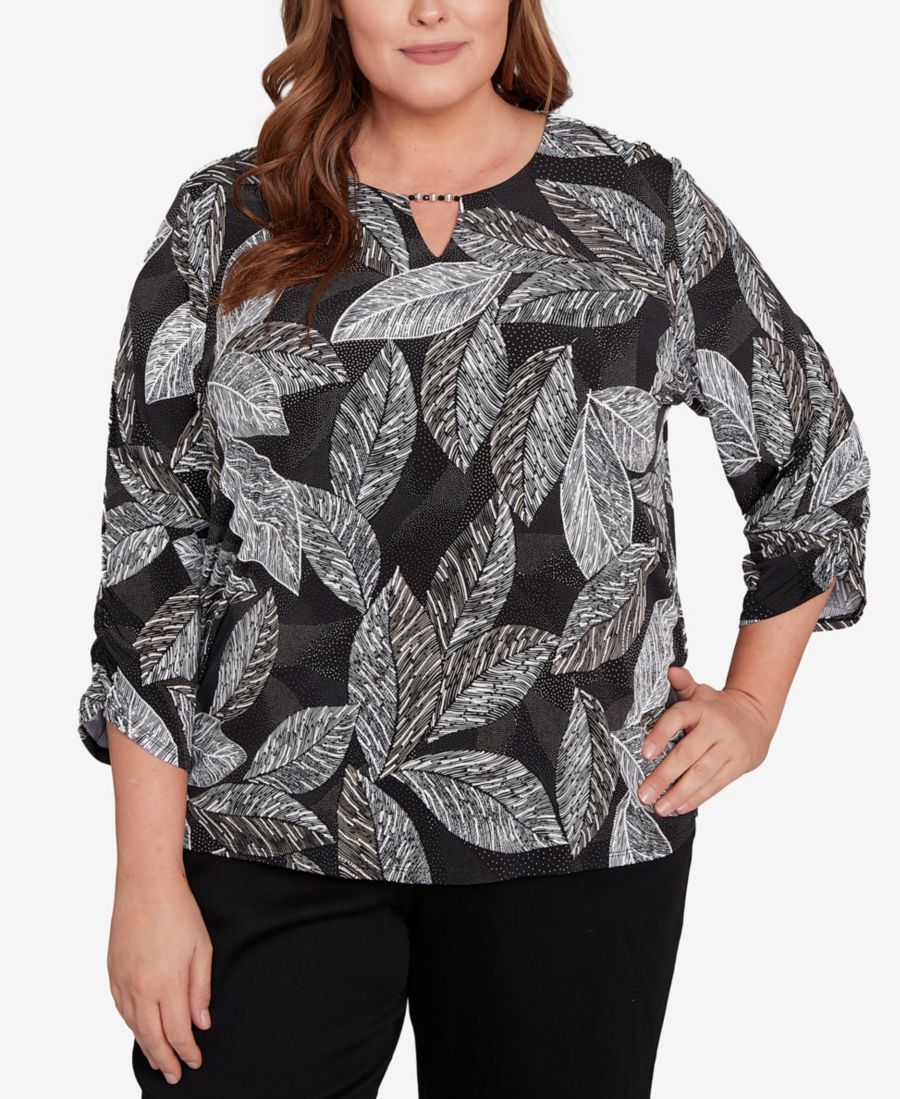 

Классический топ больших размеров с объемным принтом в виде листьев и вырезом-капелькой Alfred Dunner, Black