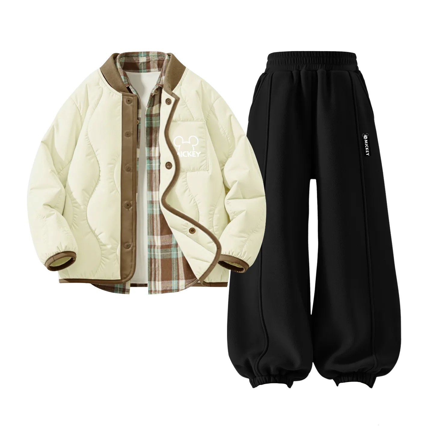 Детский спортивный костюм с круглым вырезом Disney, [Thickened and Fleece-Lined]Thick Board Di Line K Ecru+Di H Long Hook-and-Loop K Black+Solid Rum Brown Plaid